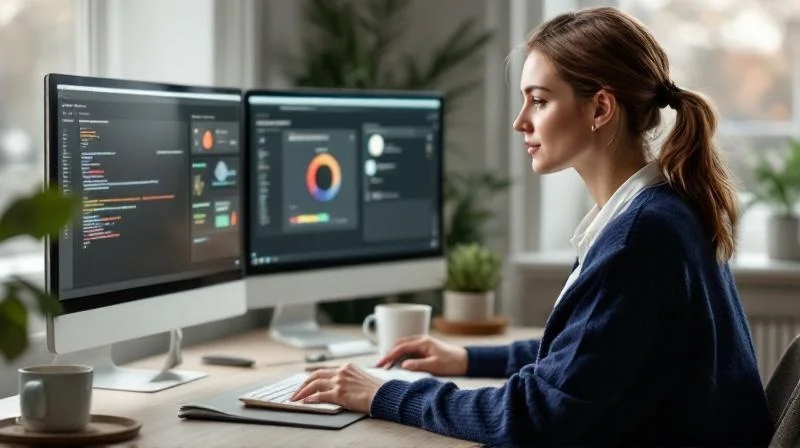 Quereinsteigerin in Remscheid arbeitet im Homeoffice mit KI-Workflows für die Heizungstechnik-Branche